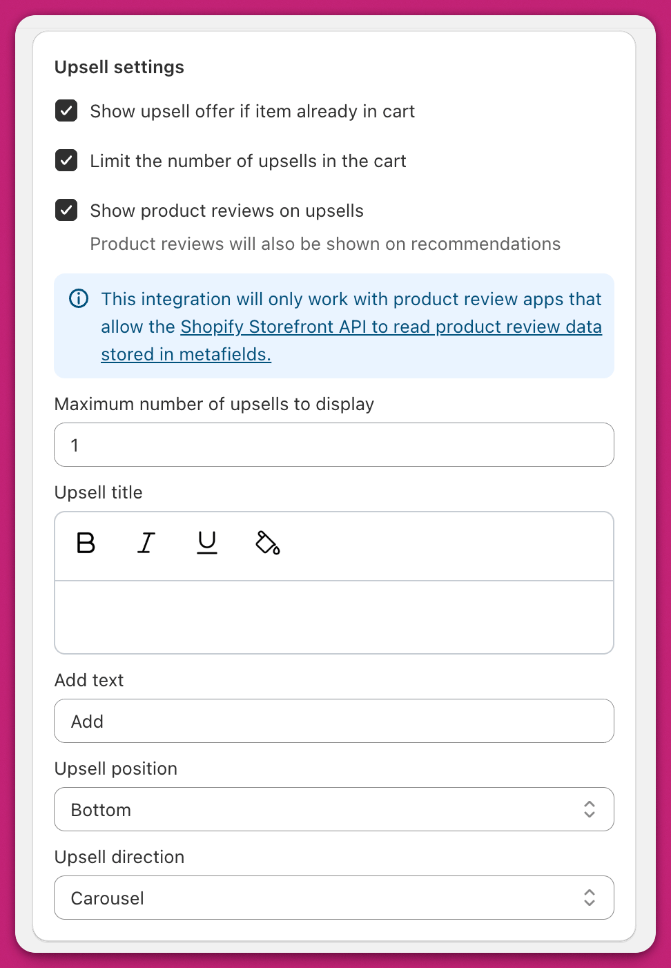 Upcart Upsell Settings panel with checkboxes, upsell title, position, and direction options