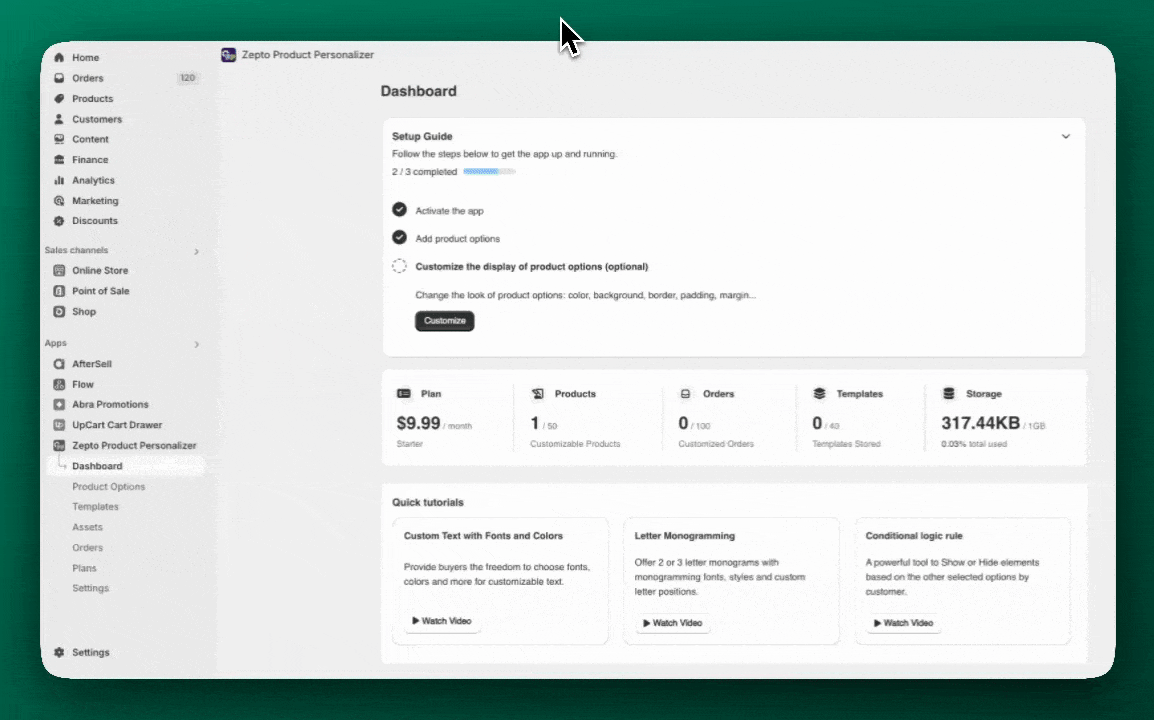 Zepto Add to Cart Settings selecting Stay on the product page and show a success message