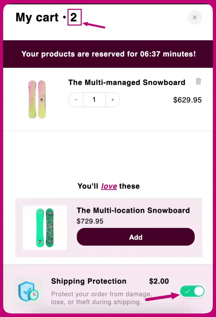Upcart cart drawer with item count of 2 including the enabled Shipping Protection add-on