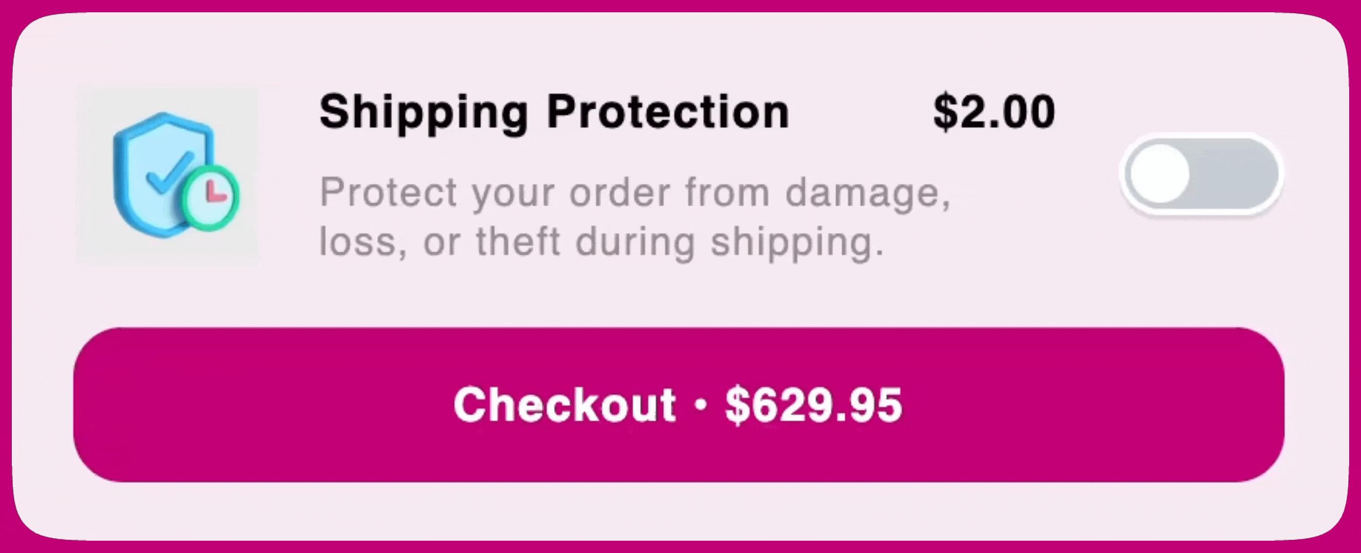 Upcart add-ons module showing a Shipping Protection product with an on-off toggle above the checkout button