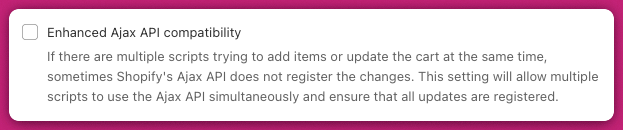 Upcart Enhanced Ajax API compatibility setting with its checkbox and description