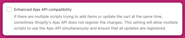 Upcart Enhanced Ajax API compatibility setting with its checkbox and description