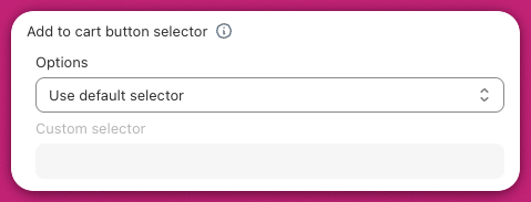 Upcart Add to cart button selector setting with Options dropdown set to Use default selector