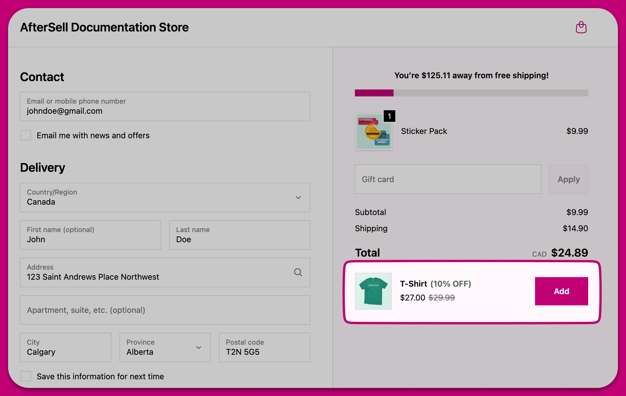 Checkout upsell offering a discounted T-Shirt with an Add button in the order summary