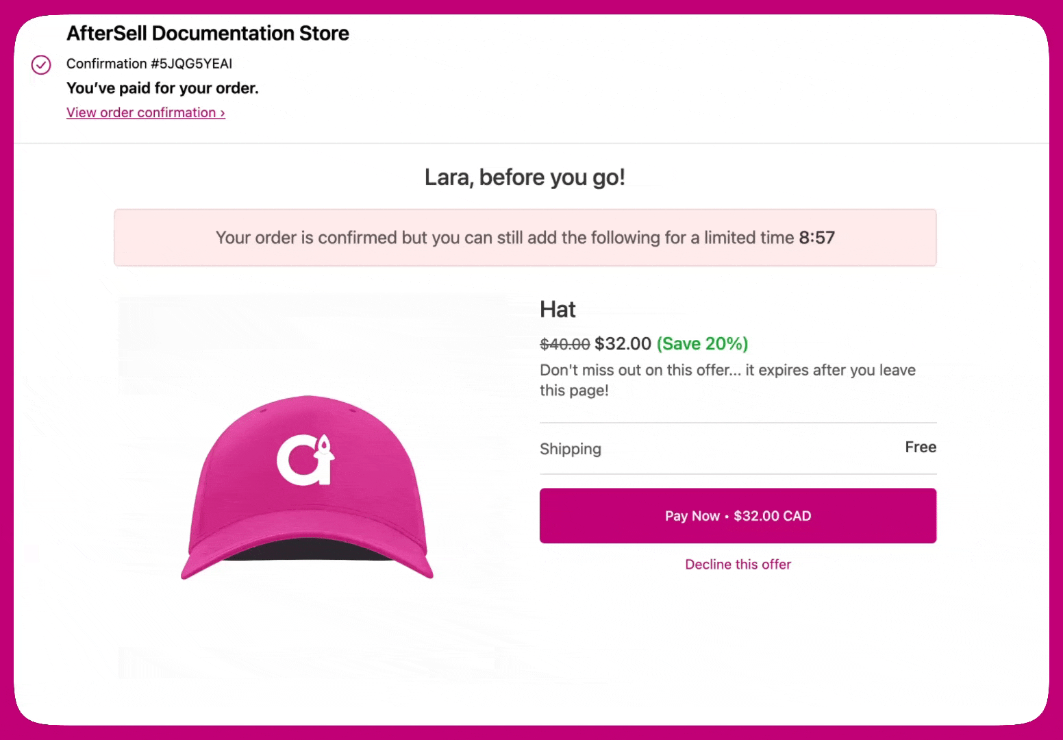 Post-purchase upsell page offering a discounted Hat with Pay Now and decline options