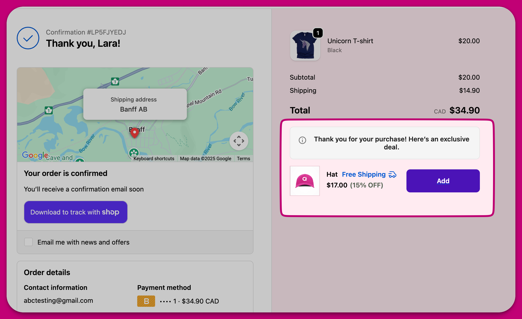 Thank you page with a discounted Hat upsell offer and Add button beside the order confirmation