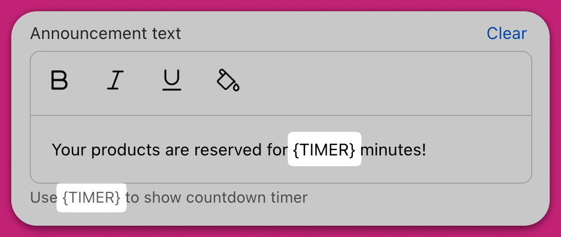 Announcement text field with the timer countdown variable added to the message