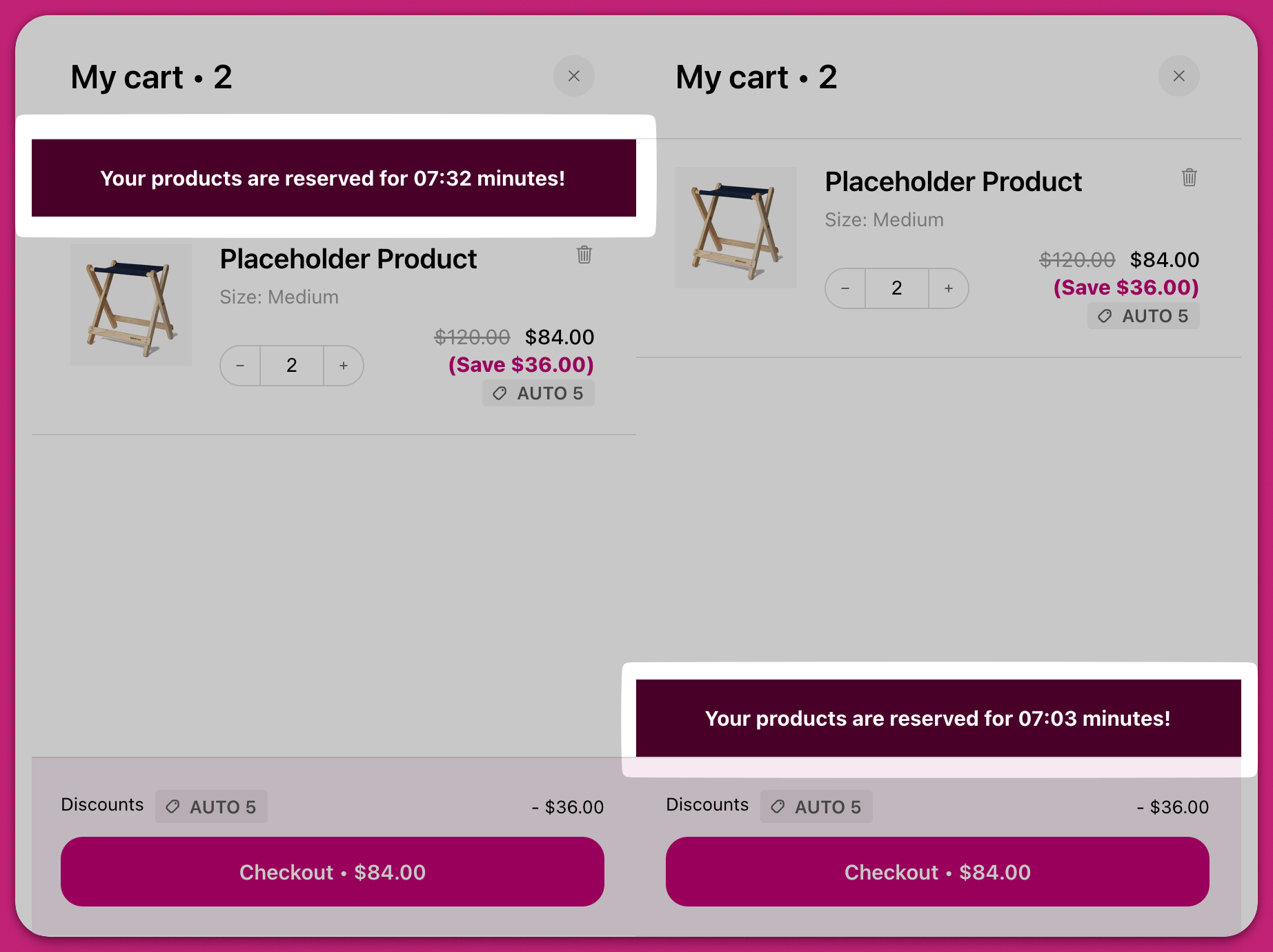 Two Upcart carts comparing the announcement bar positioned above and below the products