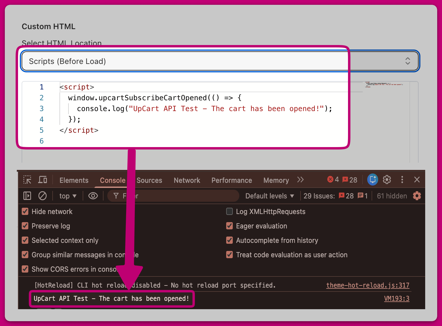 Upcart Custom HTML test script logging a cart opened message in the browser console