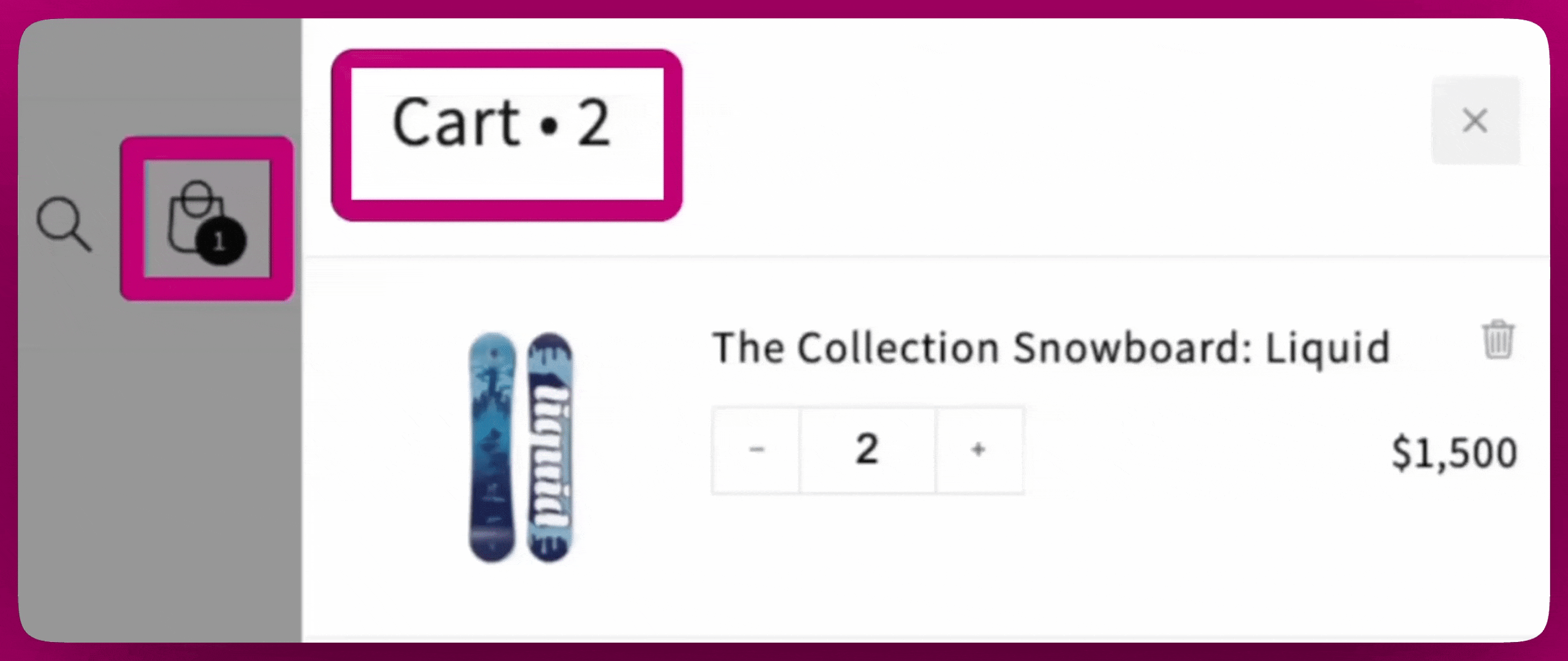Upcart drawer showing Cart 2 while the theme cart icon bubble still displays 1