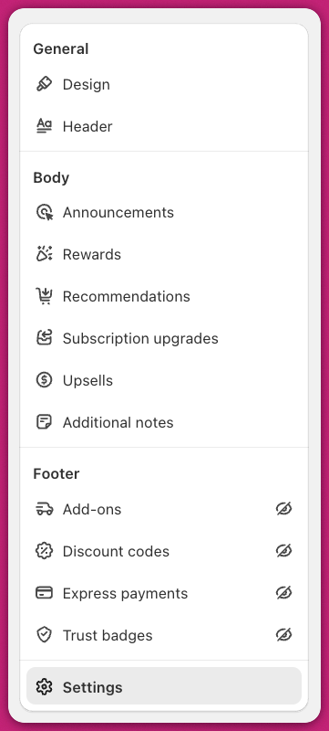 Upcart Cart Editor module menu listing General, Body, and Footer modules