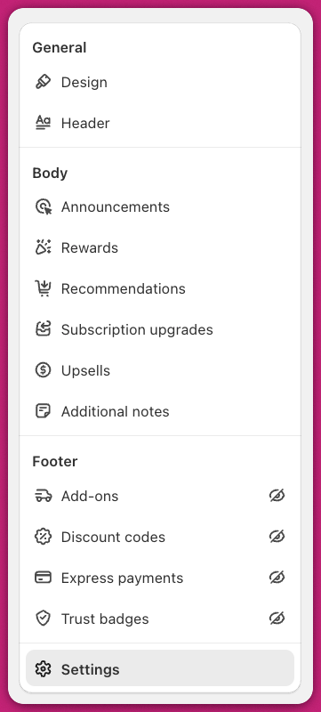 Upcart Cart Editor module menu listing General, Body, and Footer modules