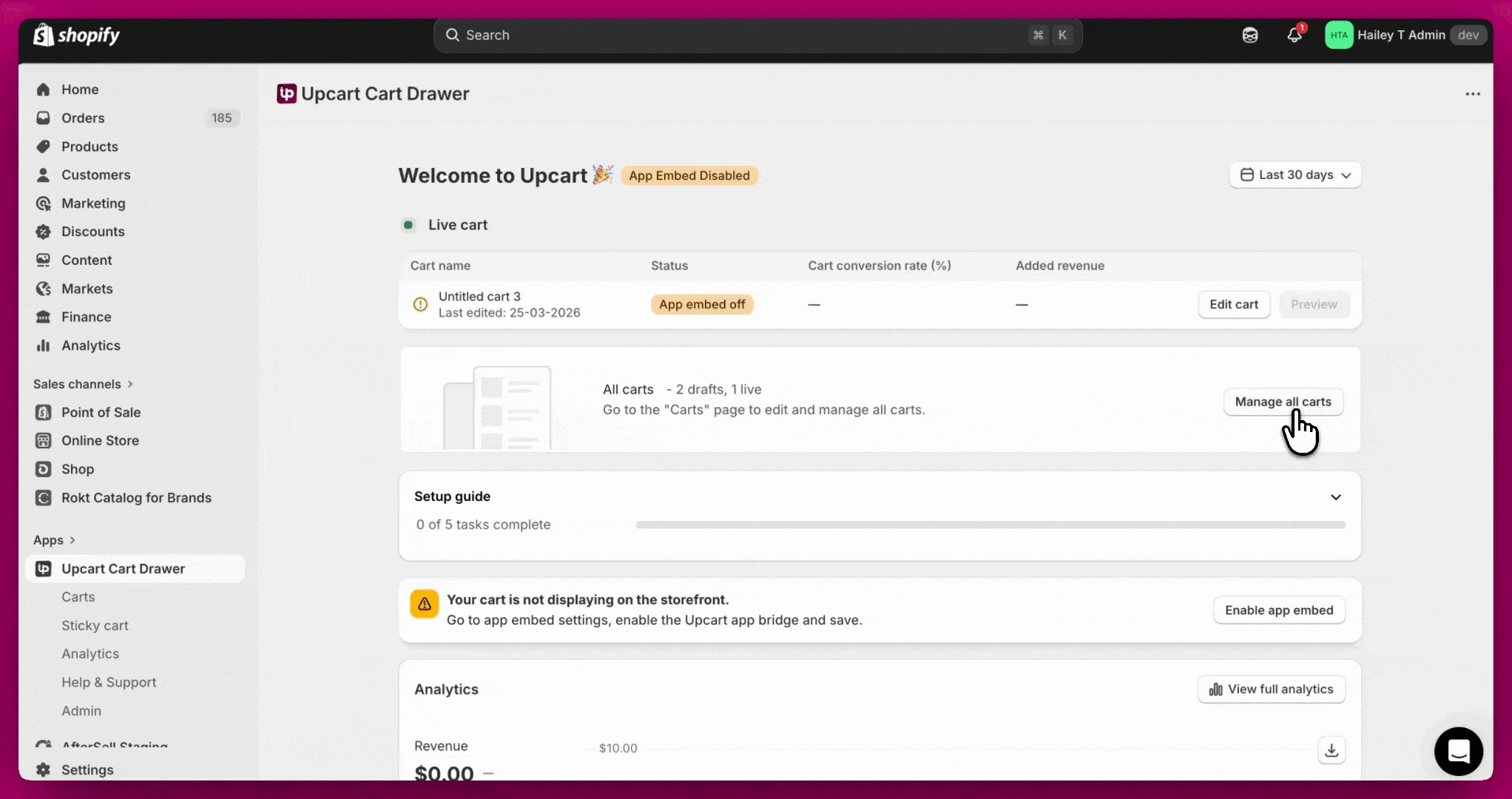 Activating the Upcart cart and enabling its app embed in Shopify admin