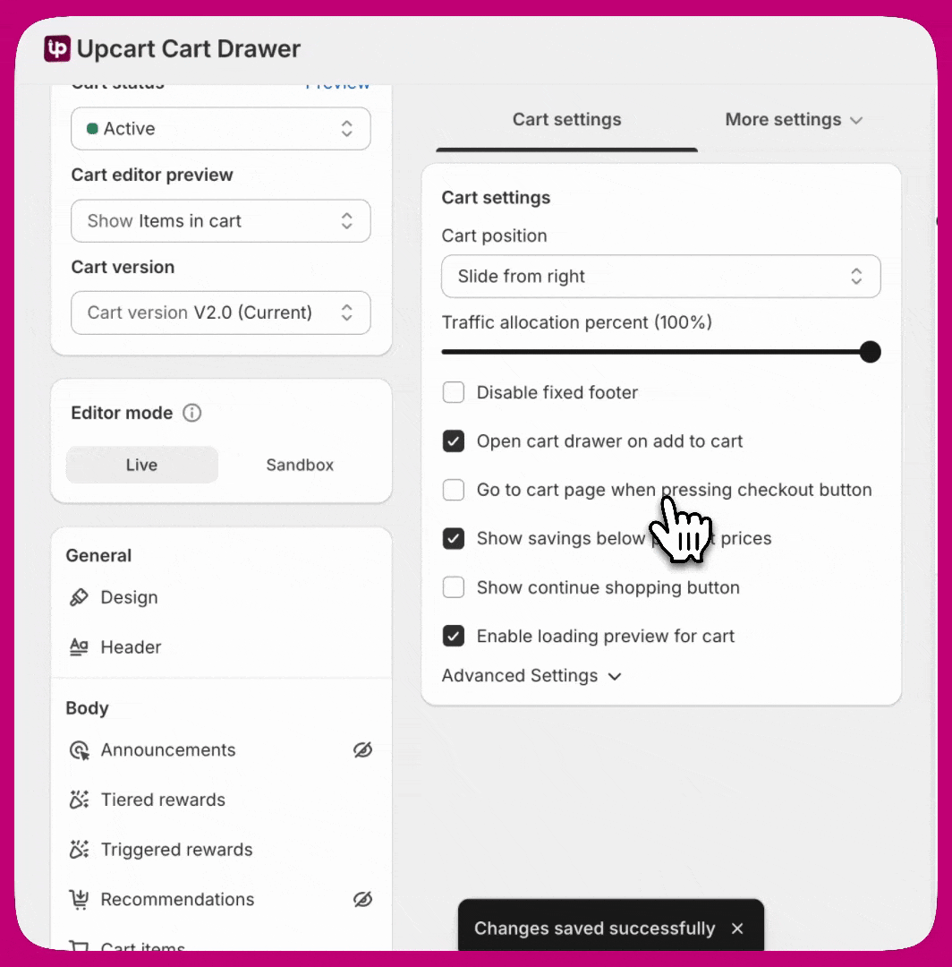 Entering a custom Open cart button selector in Upcart advanced settings