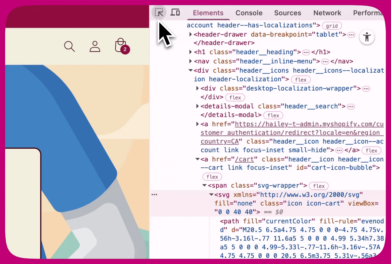 Inspecting the cart icon in Chrome DevTools to find its class name