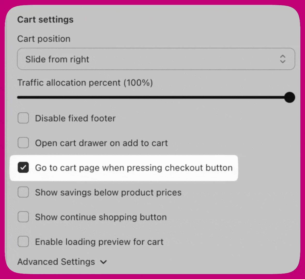 Upcart cart settings highlighting the Go to cart page when pressing checkout option