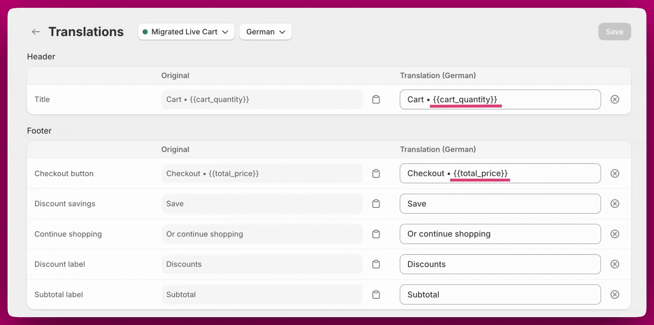 Upcart Translations fields showing dynamic variables like cart_quantity and total_price