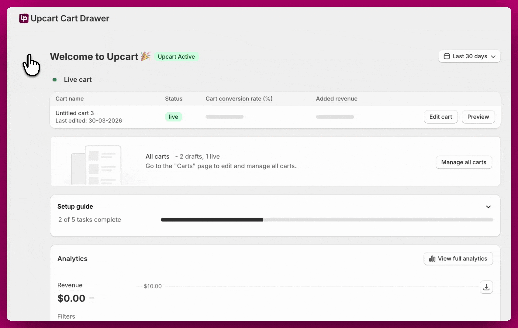 Upcart Edit Copy panel editing body and footer text labels with a live cart preview