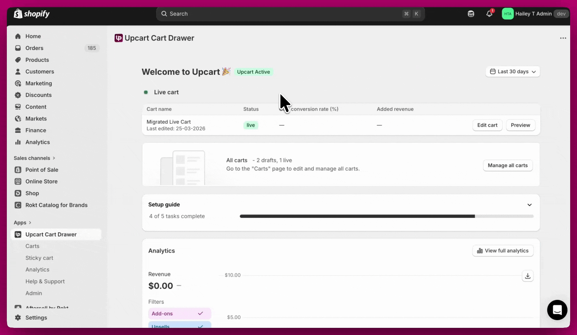 Upcart Translations editor with the language dropdown open showing German, Spanish, and French