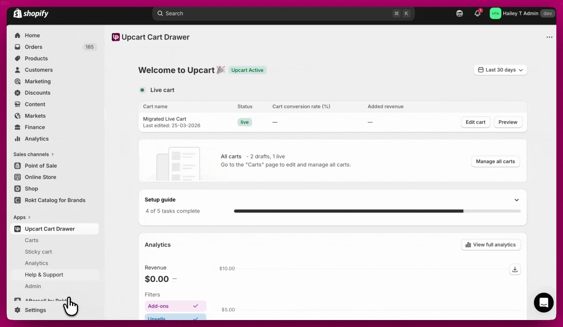 Shopify admin Languages settings listing English, French, German, and Spanish with an Add language button