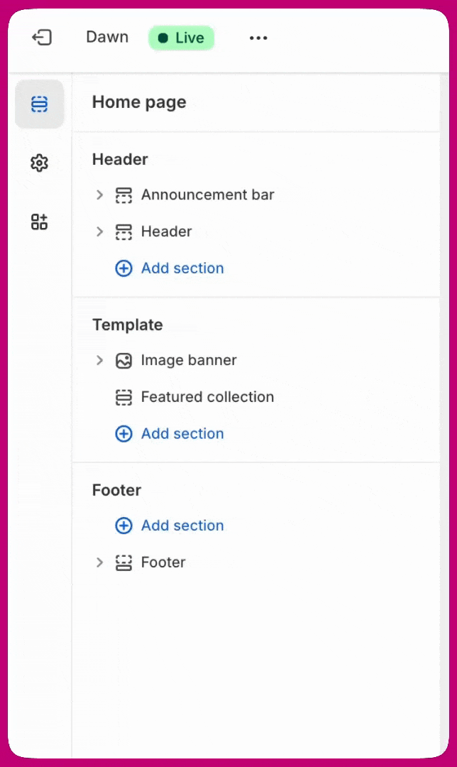 Shopify theme editor cart settings showing the cart type option