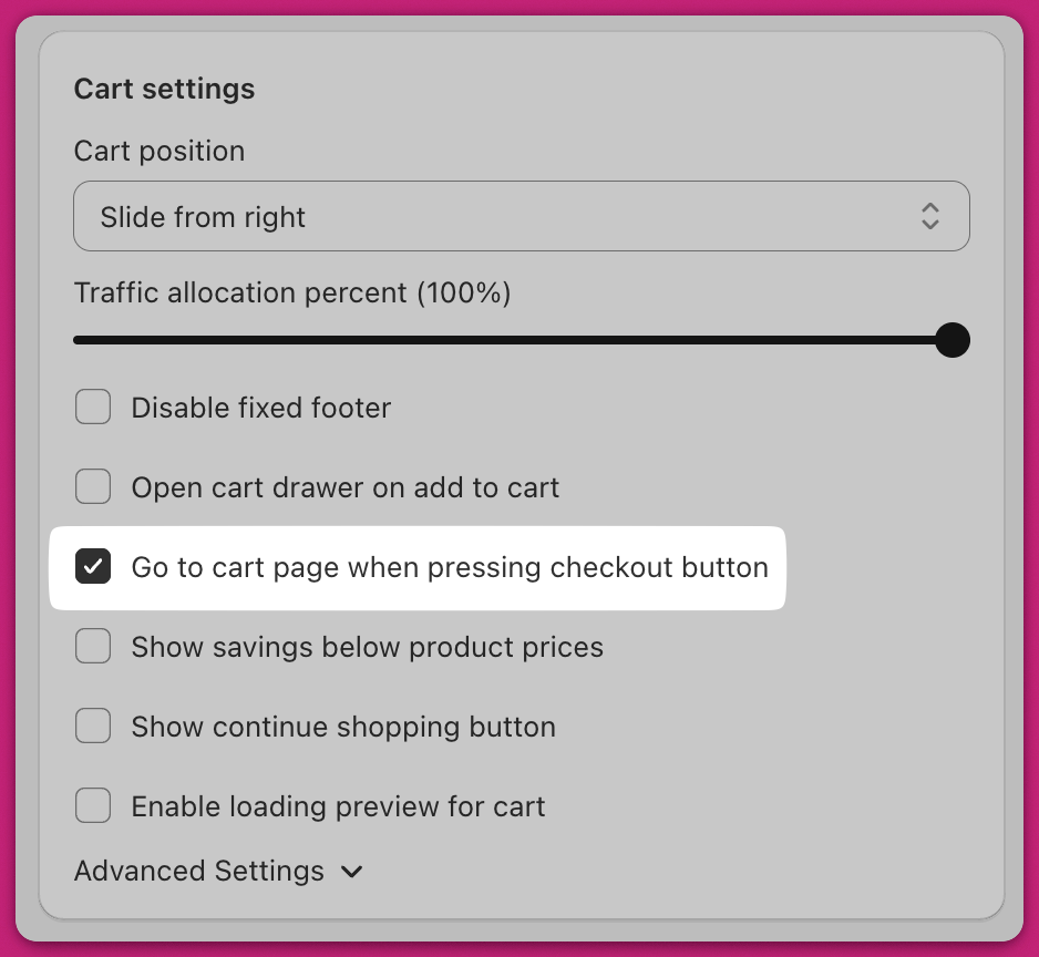 Upcart Cart settings with the Go to cart page when pressing checkout button checkbox enabled