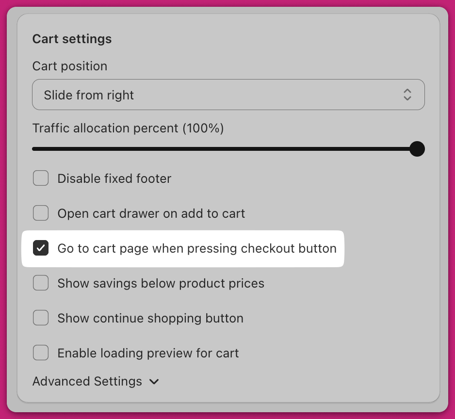 Upcart Cart settings with the Go to cart page when pressing checkout button checkbox enabled