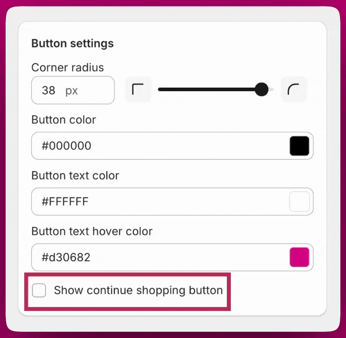 Upcart button settings with the Show continue shopping button checkbox highlighted