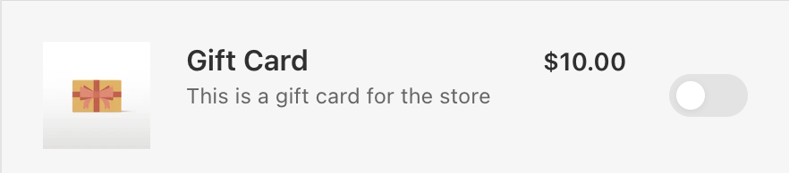 Add-on product row showing a gift card with price and enable toggle