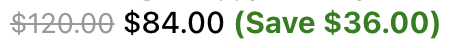 Cart price showing original price struck through with sale price and savings