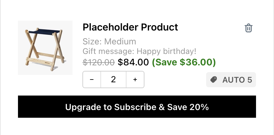 Cart product tile with image, variant, sale price, quantity selector, and subscribe button