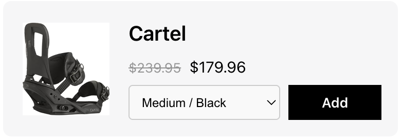Upsell tile showing a product with sale price, variant dropdown, and Add button