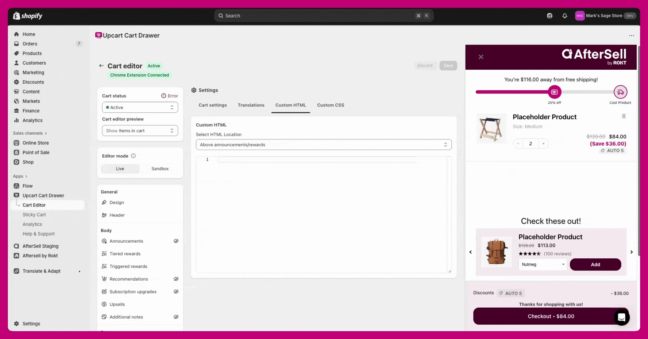 Upcart Custom CSS editor styling the upsell title color with a changes saved confirmation