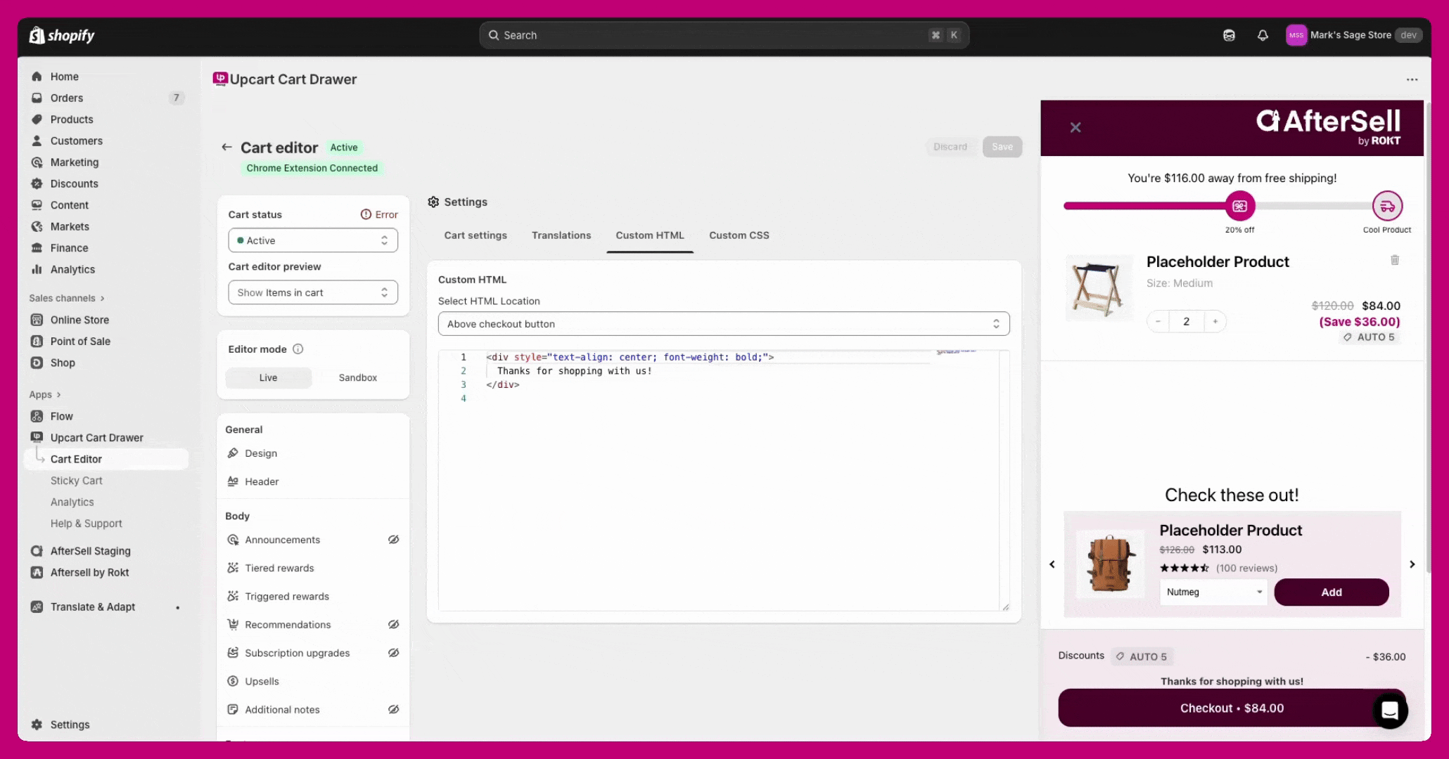 Upcart Custom HTML Scripts Before Load editor with JavaScript hiding the upsells module