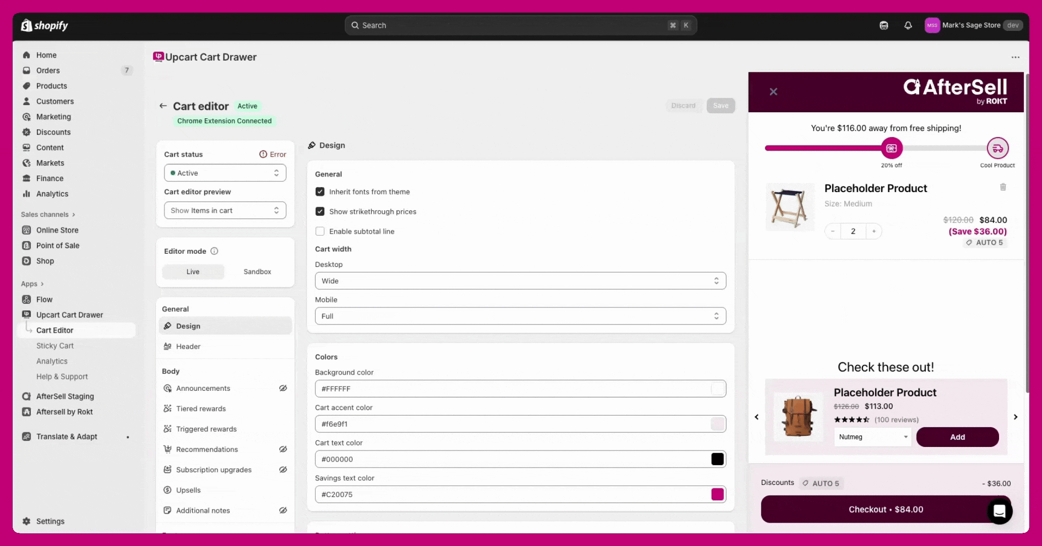 Upcart Custom HTML editor adding a thank-you message above the checkout button