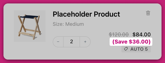 Cart item with the savings amount text highlighted in magenta