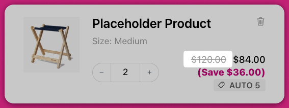 Cart item showing a strikethrough original price beside the discounted price and savings