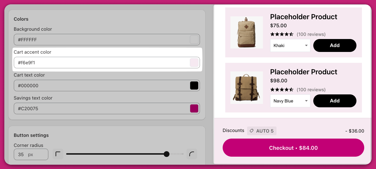Upcart Colors settings with the cart accent color applied to pink upsell cards