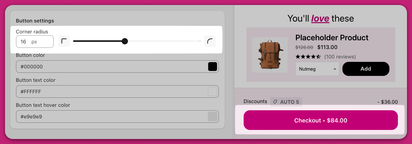 Corner radius slider set to 16 pixels rounding the checkout button