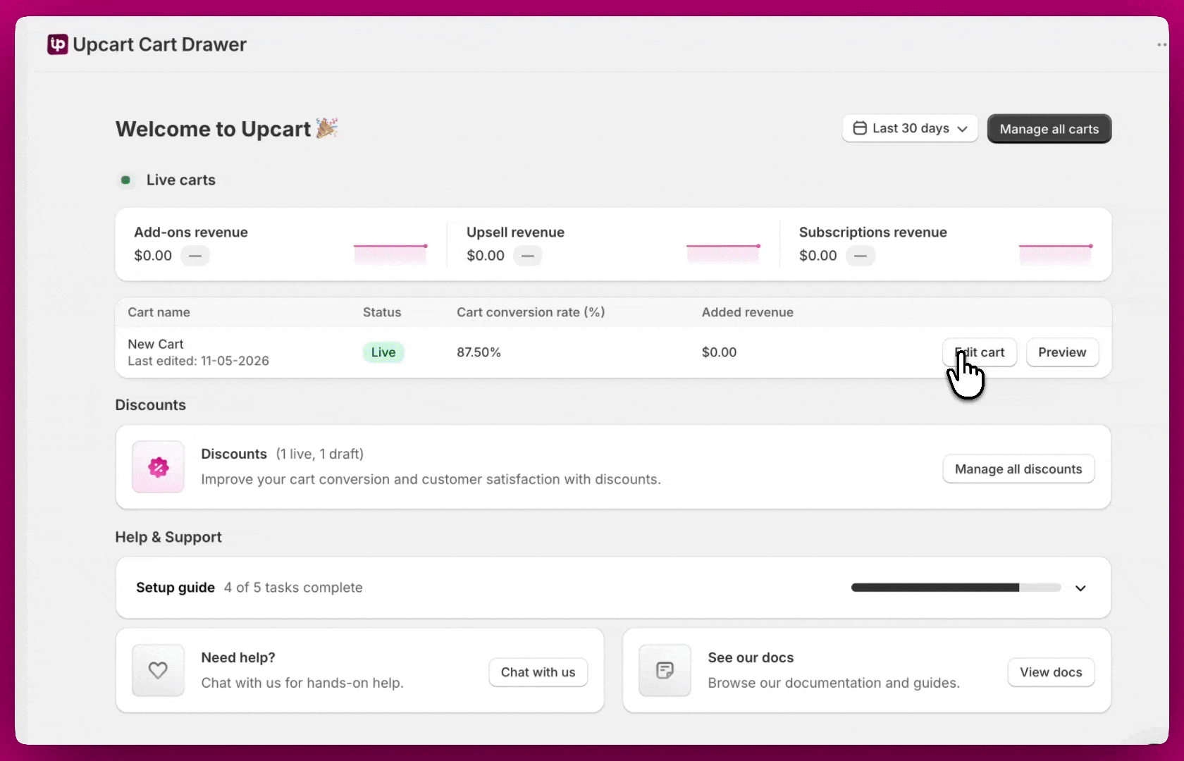 Upcart Cart Editor Discounts module with Manage all discounts highlighted next to a cart preview