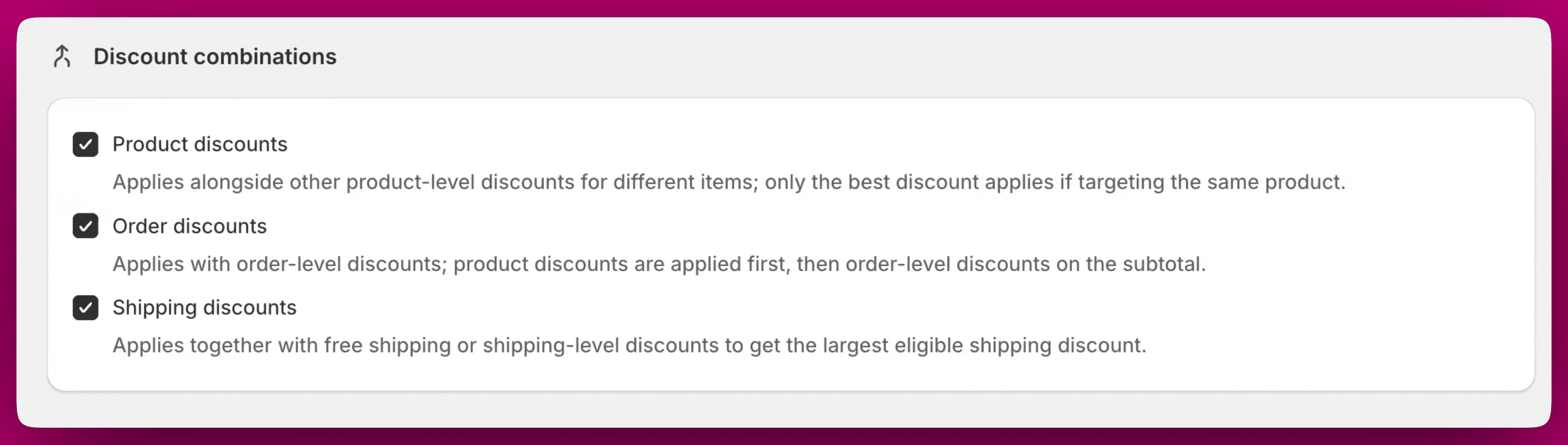 Discount combinations options with Product, Order, and Shipping discounts checked