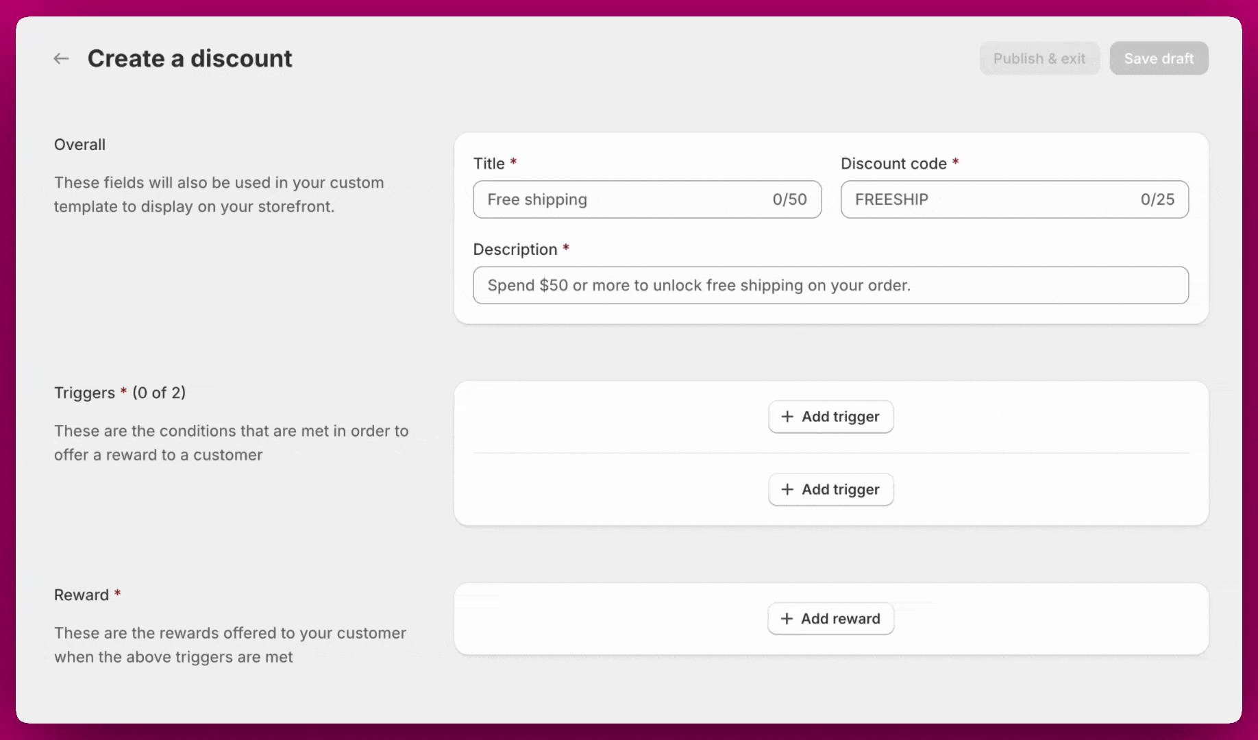Create a discount page with Overall, Triggers, and Reward sections