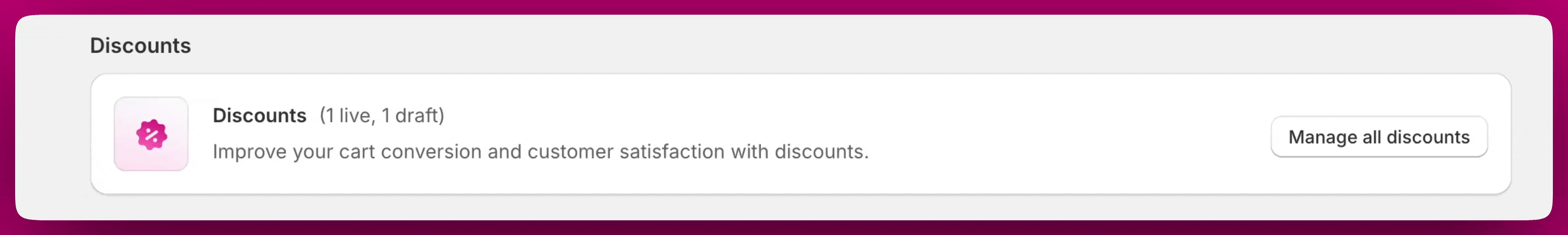 Upcart homepage Discounts section card with the Manage all discounts button