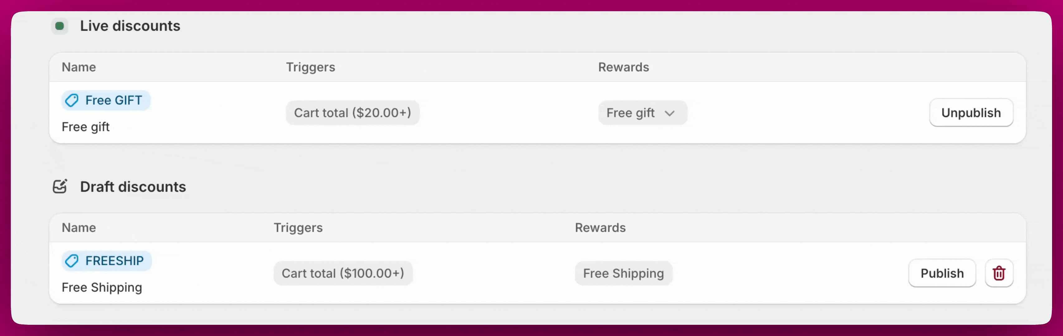 Discounts page listing Live discounts and Draft discounts in two tables