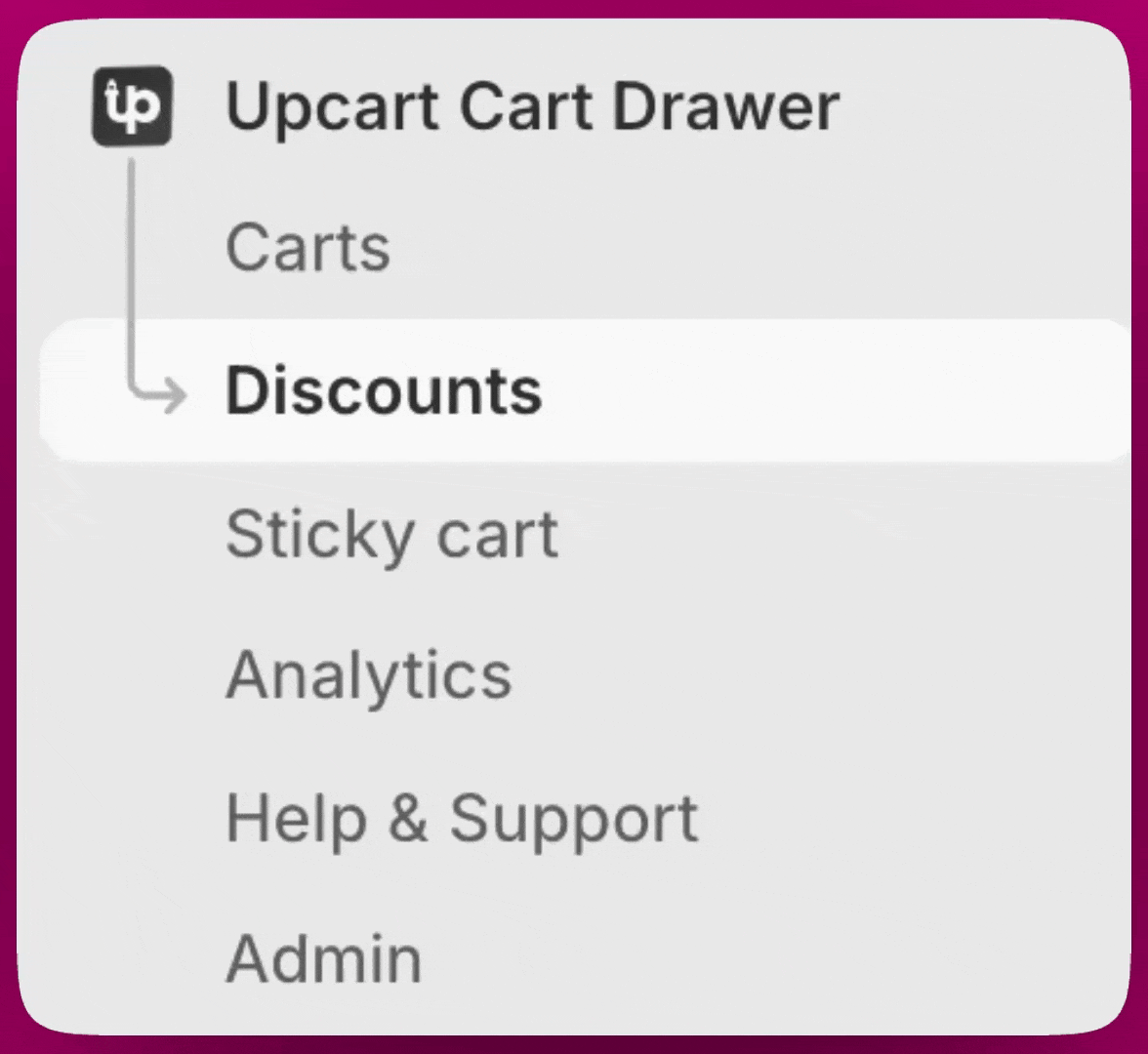 Upcart left sidebar with Discounts highlighted under the Cart Drawer menu