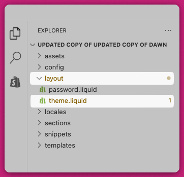 Theme code editor sidebar with the layout folder open showing theme.liquid