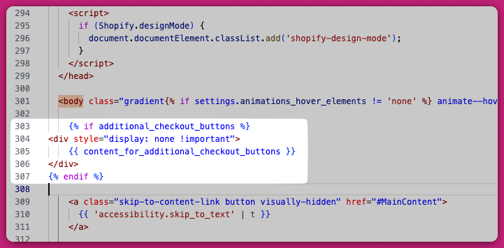 theme.liquid with the additional checkout buttons snippet added below the body tag