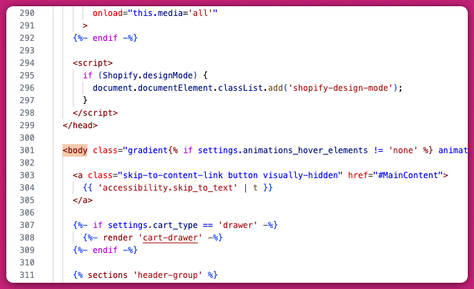 theme.liquid code editor with the opening body tag highlighted
