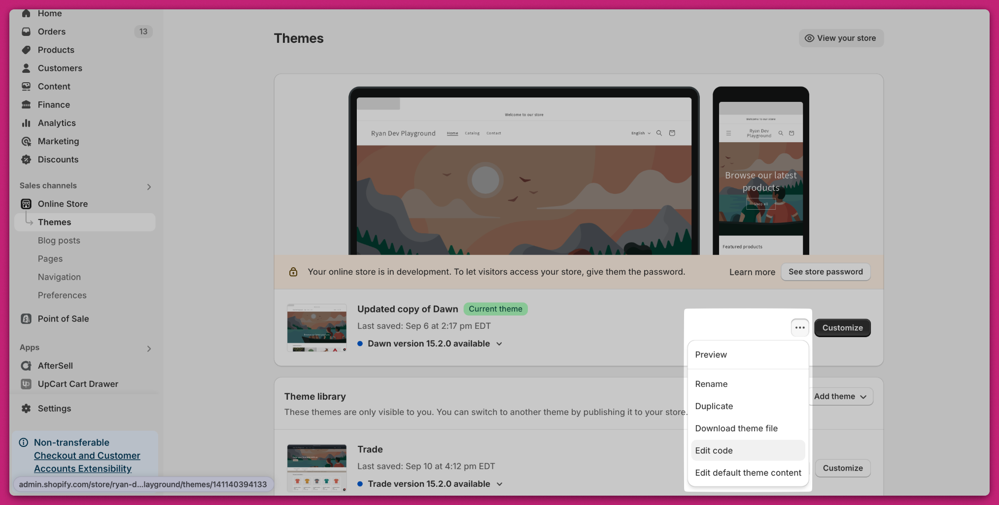 Shopify Themes page with the theme actions menu open and Edit code highlighted