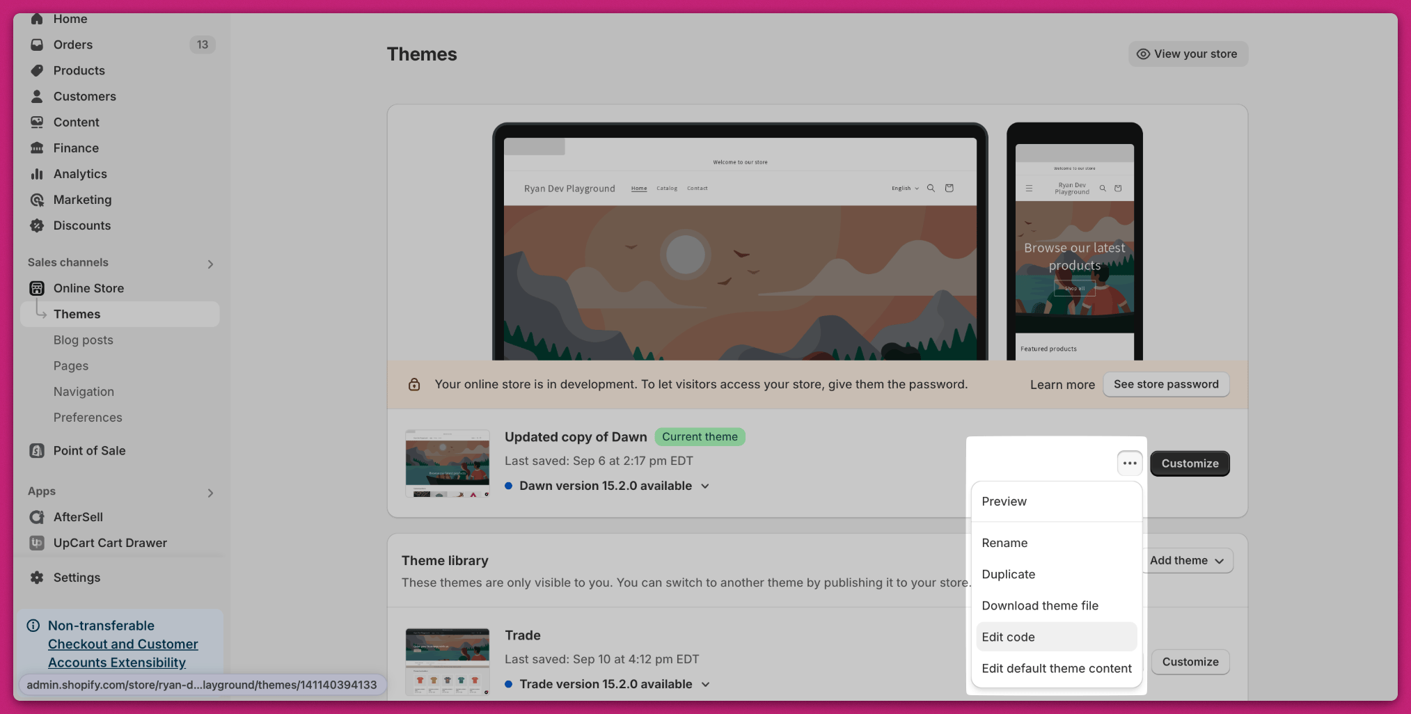 Shopify Themes page with the theme actions menu open and Edit code highlighted